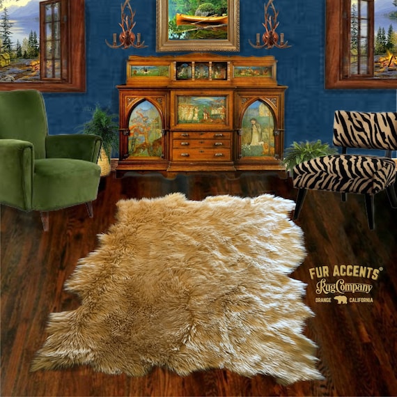 Tan Random Shape Sheepskin Rug. Realistic. Faux Fur. Area Rug. Lodge Cabin. Throw Rug. Old Fashion. Rustic. Cottage Decor. Gifts For Dad