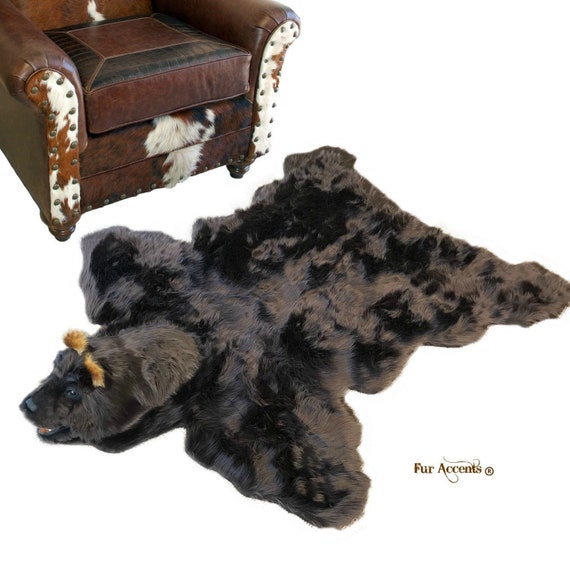 Bear Skin Rug - Hand Made - Realistic - Life Size - Luxury Fur - Brown - White - Black - Off White - Fur Accents USA