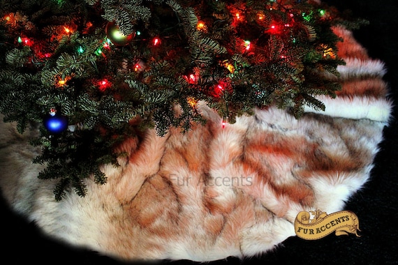 Classic Faux Fur Christmas Tree Skirt - Shaggy Shag Faux  Sheepskin Round  - Creamy Off White with Black or Brown Tips by Fur Accents - USA