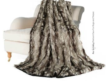 Plush  Faux Fur Throw Blanket,Black Gray Exotic Rabbit - Bedspread - Luxury Fur - White, Black, Gray Minky Cuddle Fur Lining Fur Accents USA