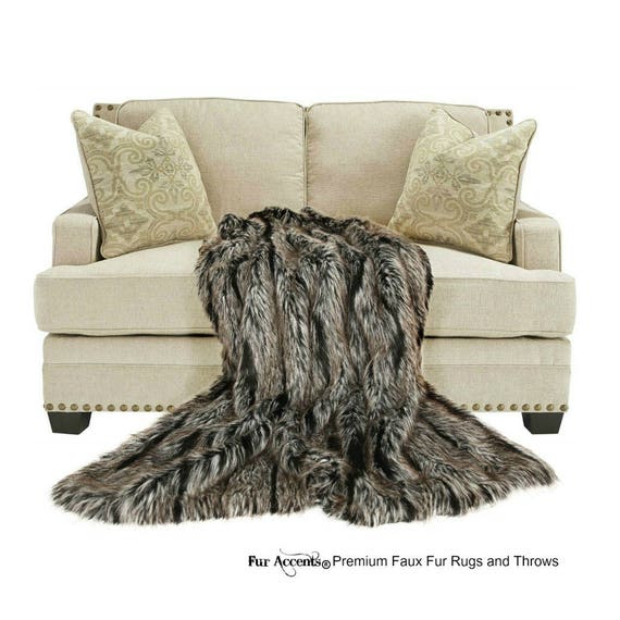 Plush Faux Fur Throw Blanket Black and Gray Sripe Ribbed Fox Bedspread Luxury Fur Black Gray White - Minky Cuddle Fur Lining Fur Accents USA