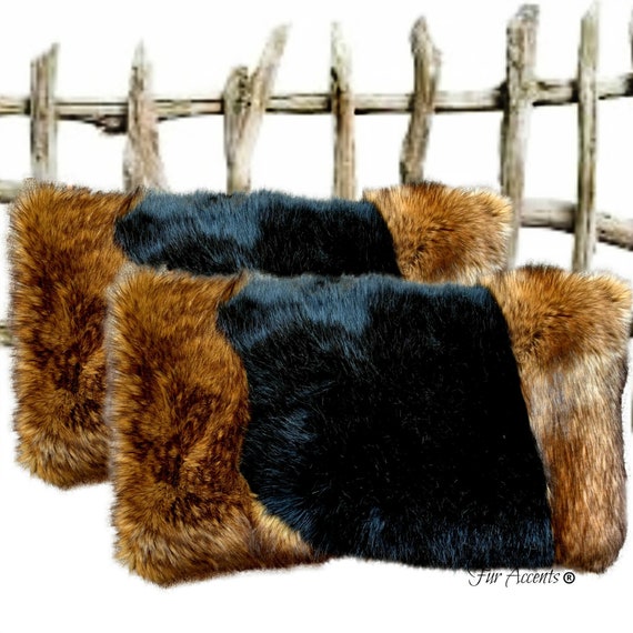 One Plush Faux Fur Pillow Sham, Black Shag with Medium Wolf Trim Border, Shaggy Thick, Rectangle Shape, Pelt Design, by Fur Accents USA