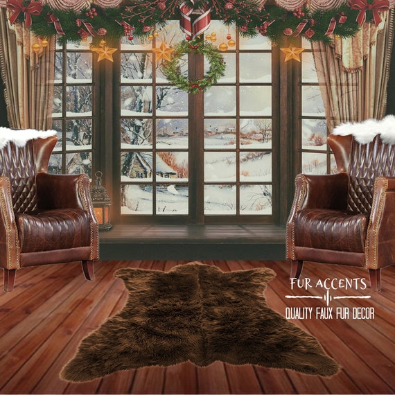 Americana Bear Skin Area Rug -  Plush Faux Fur - Thick Fur -  Bonded Non Slip Back - Animal Pelt Shape Designer Throw - Fur Accents USA