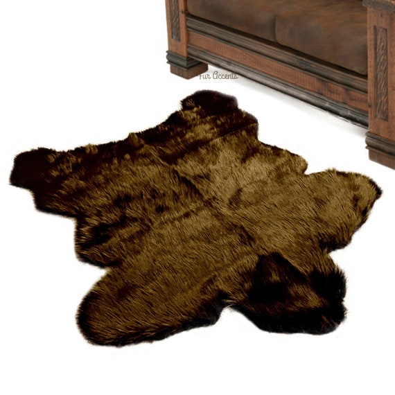 Plush Faux Fur Area Rug - Sierra Bear Design - Pelt Shape - Shaggy Shag Sheepskin Throw Carpet 6 Colors - Designer Art Rug - Fur Accents USA