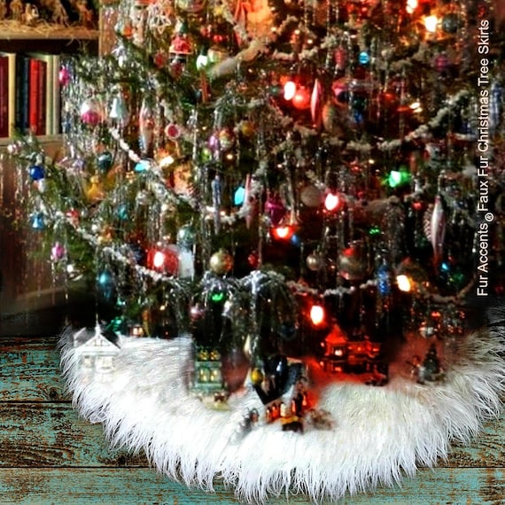 Classic Faux Fur Christmas Tree Skirt - Shaggy Faux Mongolian Sheepskin Round  - White or Off White by Fur Accents - USA