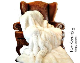 Plush  Faux Fur Throw Blanket, Soft Creamy Off White Rabbit - Mink - Tissavel Shag   - Luxury Fur - Minky Cuddle Fur Lining Fur Accents USA