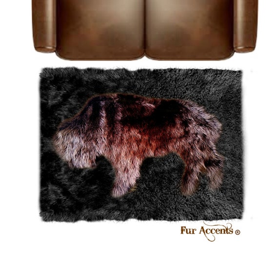 Plush Faux Fur Area Rug - Standing Buffalo Art Rug - Rectangle - Hand Sewn - Micro Suede Lining - Western - Log Cabin - Fur Accents - USA