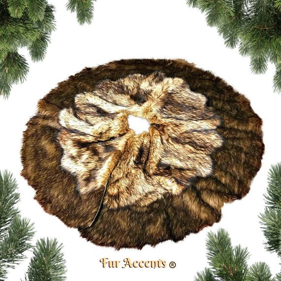 Classic Faux Fur Christmas Tree Skirt - Shaggy Shag Faux  Wolf - Bear Skin - Round  - Golden Brown Tones by Fur Accents - USA