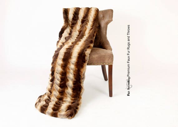 Plush  Faux Fur Throw Blanket, Soft Brown Stripe Chinchilla  Bedspread - Luxury Fur - Minky Cuddle Fur Lining Fur Accents USA
