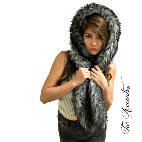 Exotic Pieced Faux Fur Scarf - Luxurious Plush Designer Fashion Fur - Black Tipped New Gray Wolf - Fur Scarves Fur Accents USA