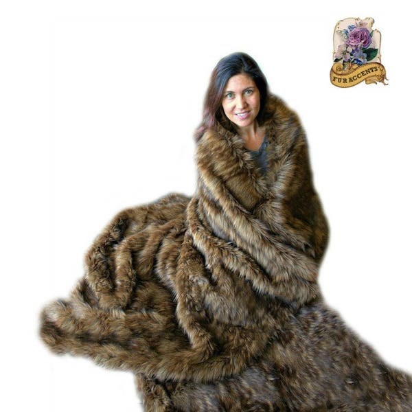 Plush  Faux Fur Throw Blanket, Soft Medium Brown Wolf Spotted Lynx Shag Bedspread - Luxury Fur - Minky Cuddle Fur Lining Fur Accents USA