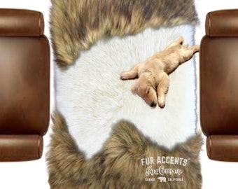 Faux Fur Throw Rug, Golden Coyote Wolf Border, Ultra Suede Lining