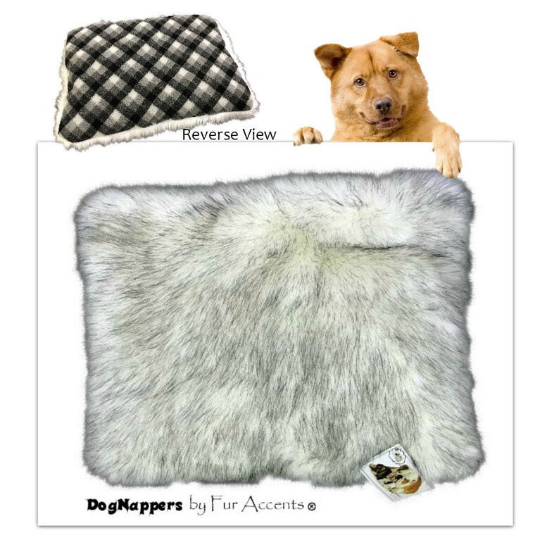 Pet Cat Mat SALE Reversible Sheepskin Dog Bed Soft Padded Dognappers Faux Fur Shaggy Gray Tip Arctic Wolf and Plaid Fleece