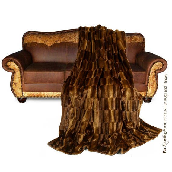 Plush Faux Fur Throw Blanket, Bedspread - Luxury Fur - Brown Tone Patch Beaver - Minky Cuddle Fur Lining - Fur Accents USA