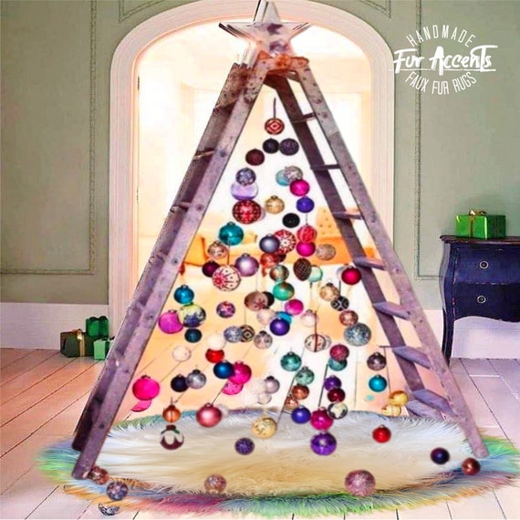 Extraordinary Faux Fur Christmas Tree Skirt - Plush Shag Faux Sheepskin - Round White with Rainbow Trim - Decoration - by Fur Accents USA