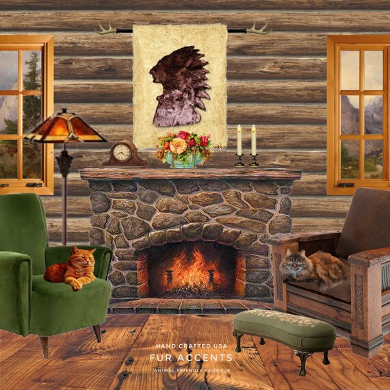 Fur Wall Hanging Art,  Indian Chief, Bear Skin Rug, Animal Friendly, One of a Kind, Hand Made Throw, Designer Originals by fur Accents, USA