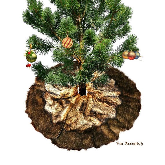 Classic Faux Fur Christmas Tree Skirt - Shaggy Shag Faux  Wolf - Bear Skin - Round  - Golden Brown Tones by Fur Accents - USA