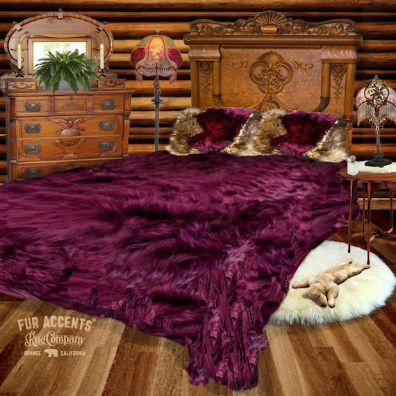 Faux Fur Bedspread, Burgundy Wine, Designer Throw Blanket, Bedding by Fur Accents USA, Matching Pillows, Shams, Throw Blankets Available