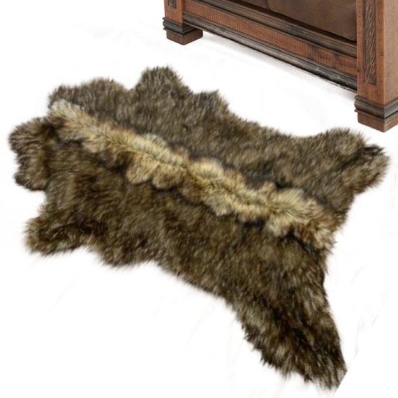 Faux Fur Throw Rug, Golden Wolf, Coyote, Pieced Fur Cow Hide, Deer Skin, Black Brown or White, Ultra Suede Lining, Fur Accents USA