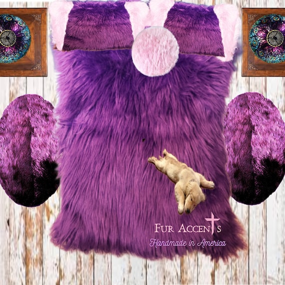 Plush Faux Fur Bedspread - Pillow Shams - 6 Pc Custom Set - Raspberry Plumb  Color - Euro - Shams and Toss Pillow Handmade - Fur Accents USA