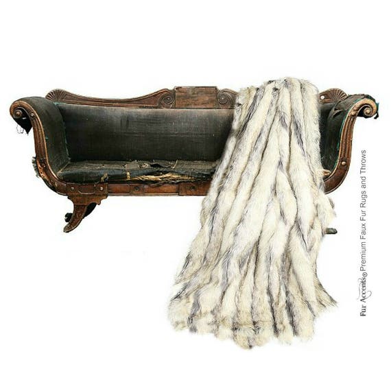 Plush Faux Fur Throw Blanket - Bedspread - Luxury Fur Gray Stripe Ribbed Fox - Fur Minky Cuddle Fur Lining - Fur Accents - USA