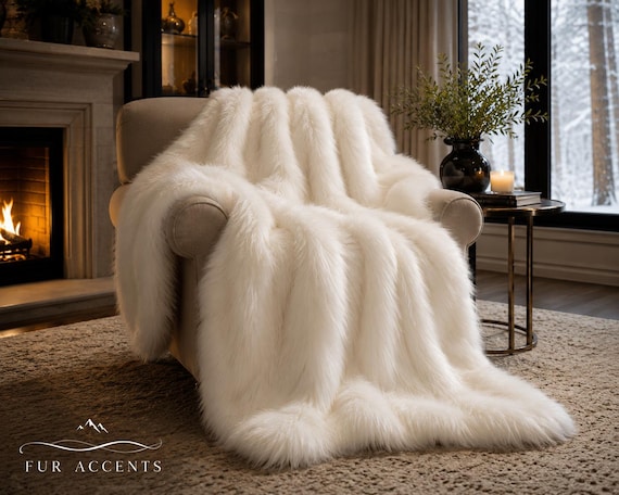 Soft White Faux Fur Throw Blanket, Cuddle Minky Lining