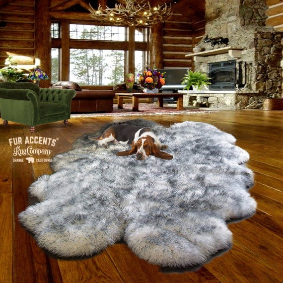 Plush Faux Fur Area Rug - Quatro Shape Sheepskin Design - White, Black Tipped - Designer Art Rug by Fur Accents USA