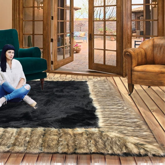 Sheepskin Faux Fur Throw Rug Nursery Area Rug Carpet Black White Lodge  Cabin Rug