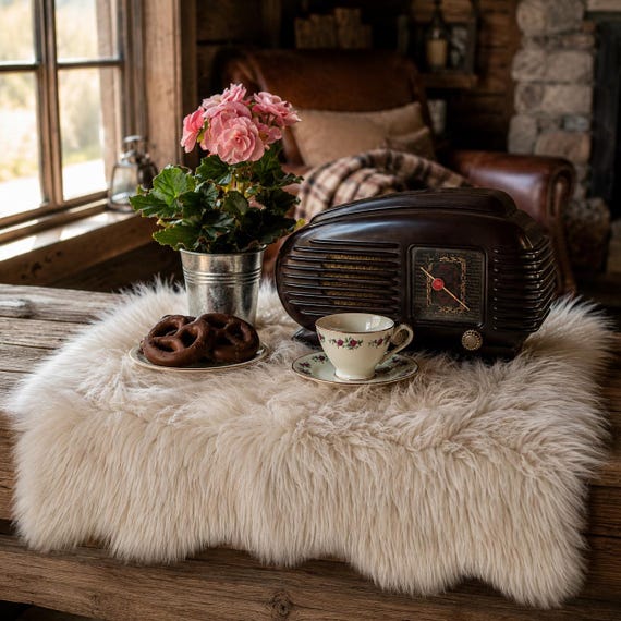 Shaggy Faux Sheepskin Doily, White Fur Runner, Handmade USA