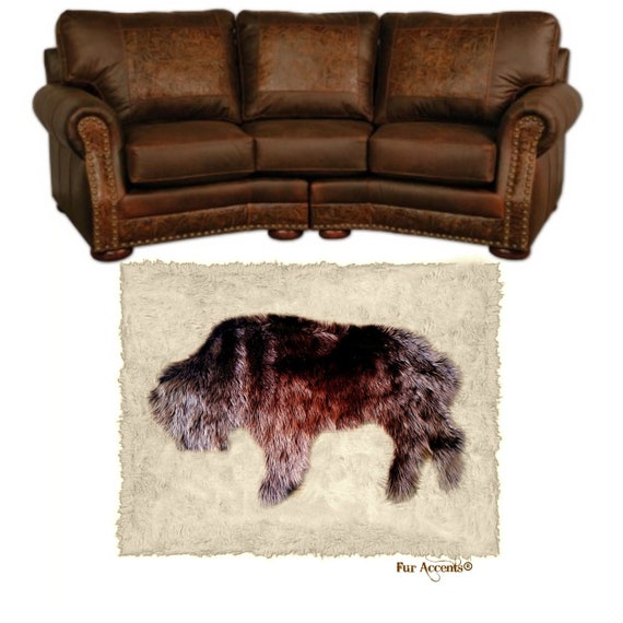 Plush Faux Fur Area Rug - Standing Buffalo Art Rug - Rectangle - Hand Sewn - Micro Suede Lining - Western - Log Cabin - Fur Accents - USA