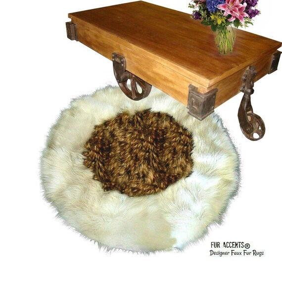 Classic Designer Faux Fur Area Rug - Round - White Sheepskin Shag with Light Brown Coyote Fur Center - Bear Skin by Fur Accents - USA
