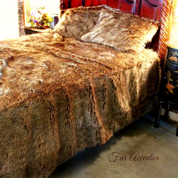 Plush Faux Fur Rug / Throw Blanket, Bedspread, Body Pillow or Shams. Light Brown Wolf - Coyote - Minky Cuddle Fur Lining - Fur Accents USA
