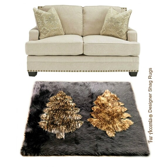 Plush Faux Fur Throw Area Rug - Two Trees Black Bear Rug - Wilderness Forest - Hand Sewn - Micro Suede Lining - Fur Accents - USA