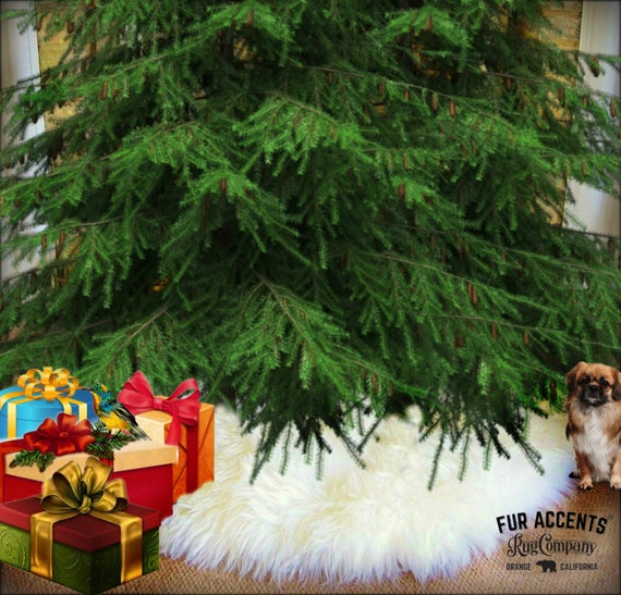 Classic Faux Fur Christmas Tree Skirt - Shaggy Shag Faux Sheepskin Pelt - Round with Slit - White and Off White - by Fur Accents - USA