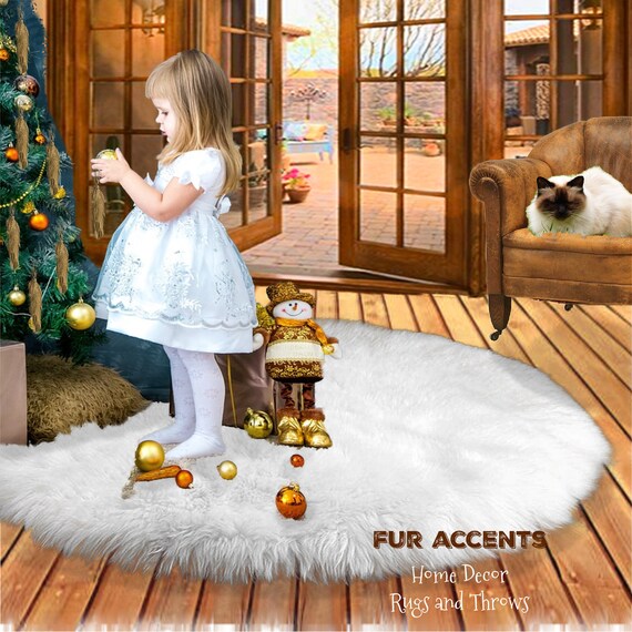 Classic Faux Fur Christmas Tree Skirt - Shaggy Shag Faux Sheepskin Pelt - Round with Slit - Choose Color and Size - by Fur Accents - USA