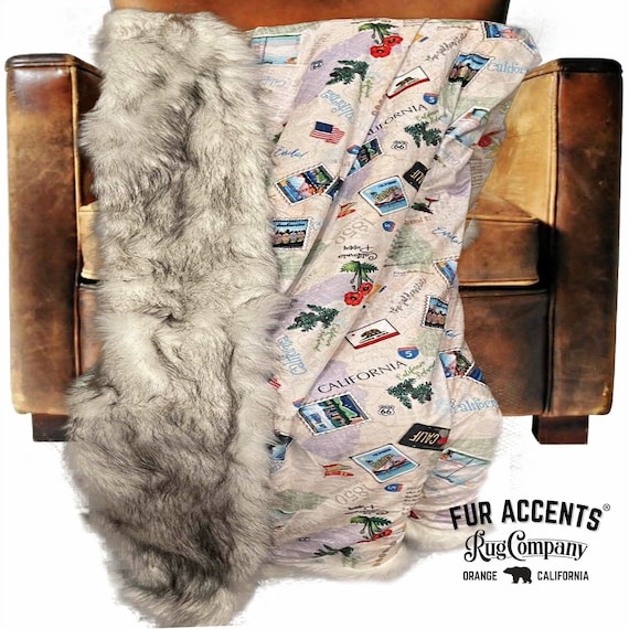 Plush  Faux Fur Throw Blanket, Soft Black Tipped Arctic Wolf Shag Luxury Fur, Vintage Postcard Minky Cuddle Fur Lining, Fur Accents USA