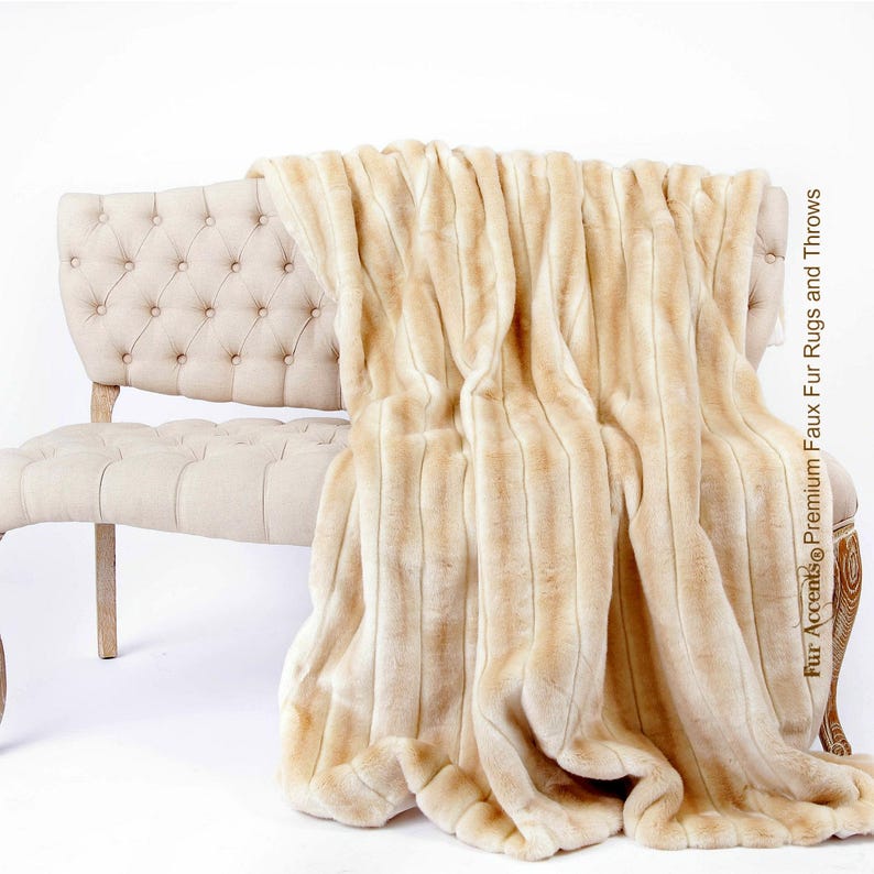 Tan Stripe Ribbed Mink Minky Cuddle Fur Lining Fur Accents USA Plush Faux Fur Throw Blanket Bedspread Luxury Fur