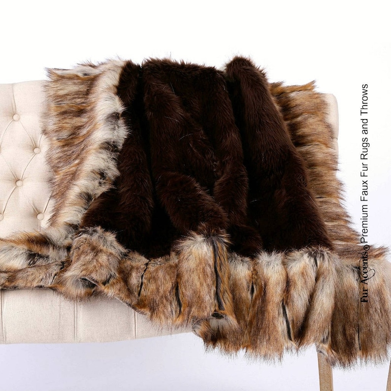 Brown Shag Bear with Light Brown Ribbed Fox Fur Border Trim Fur Accents Plush Faux Fur Throw Blanket Bedspread Minky Lining USA