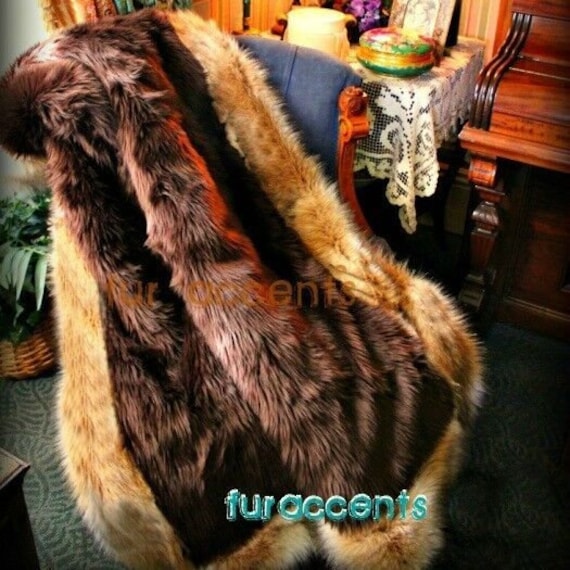 Plush Faux Fur Bedspread - Brown Golden Wolf - Coyote Border - Log Cabin Designer Throw Blanket or Wild Wolf Bedspread by Fur Accents USA