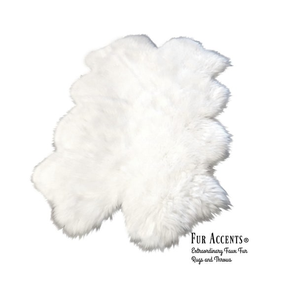 White or Off White Sheepskin Area Rug - 100% Animal Friendly Faux Fur - Quatro Sheep Design - Shag Throw Rug - Fur Accents USA
