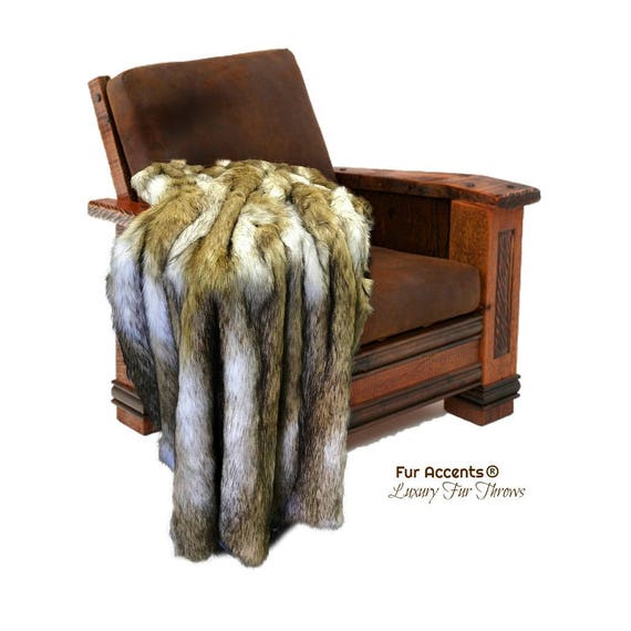 Plush Throw Blanket - Faux Fur Coyote - Wolf Skin - Minky Lining - Sheepskin Traditional Designer Throw 100% Animal Friendly Fur Accents USA