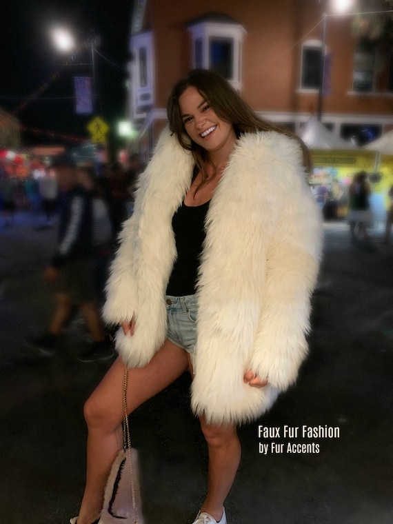FUR ACCENTS Exotic Faux Fur Shaggy Thick Long Hair Icelandic Sheepskin Hooded Coat -  Unisex Jacket - One Size - Oversize