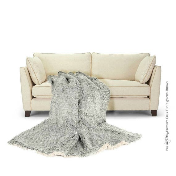 Plush Faux Fur Throw Blanket - Bedspread - Luxury Fur Gray Wavy Sheepskin Shag - Fur Minky Cuddle Fur Lining - Fur Accents - USA