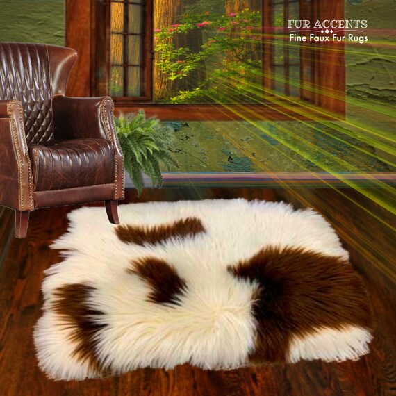 Plush Faux Fur Area Rug - Luxury Fur Thick Shaggy Icelandic Sheepskin - Brown Spotted - Rectangle Shape - Designer Throw - Fur Accents USA