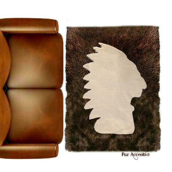 Plush Faux Fur Area Rug - American Indian Head Art Rug - Rectangle - Hand Sewn - Micro Suede Lining - Western - Log Cabin - Fur Accents USA