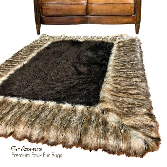 Plush Faux Fur Throw Area Rug - Brown,Black OR Gray Shag Bear with Brown Ribbed Fox Fur Border Trim - Ultra-Suede Lining - Fur Accents - USA