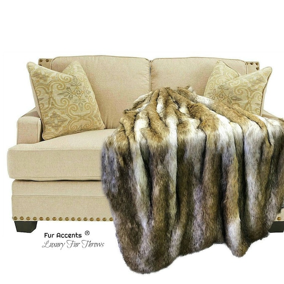 Plush  Faux Fur Throw Blanket - Light Brown Coyote Stripe - Wolf Fur - Bedspread - Luxury Fur -  Minky Cuddle Fur Lining Fur Accents USA