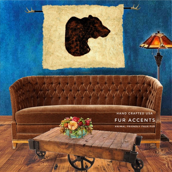 Fur Wall Hanging Art,  Bear Head, Bear Skin Rug, Animal Friendly, One of a Kind, Hand Made Throw, Designer Originals by fur Accents, USA