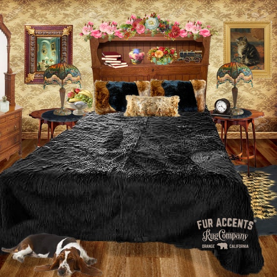 Plush Faux Fur Bedspread - Shag - Black Bear Design - Designer Throws by Fur Accents USA