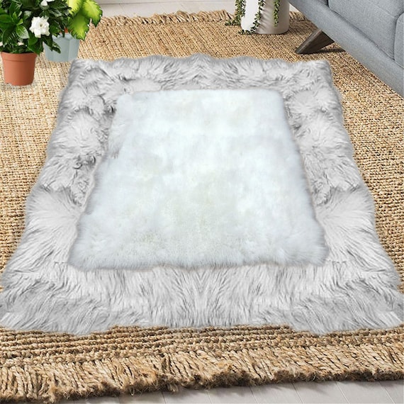 Plush Faux Fur Throw Area Rug - White Center with Black Tipped Wolf Fur Border Trim - Ultra-Suede Lining - Handmade by Fur Accents - USA